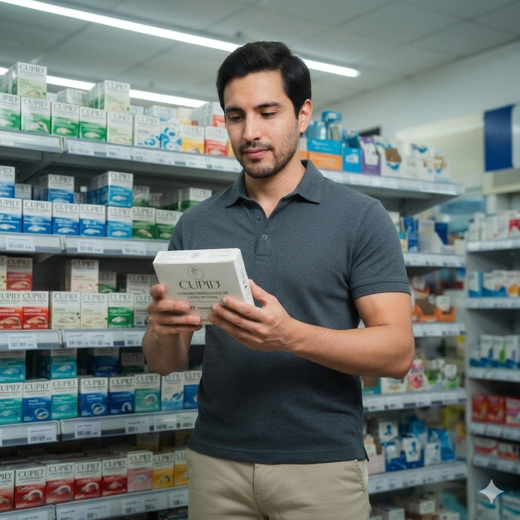 Persona revisando Condones Cupid de látex natural antes de comprar en farmacia