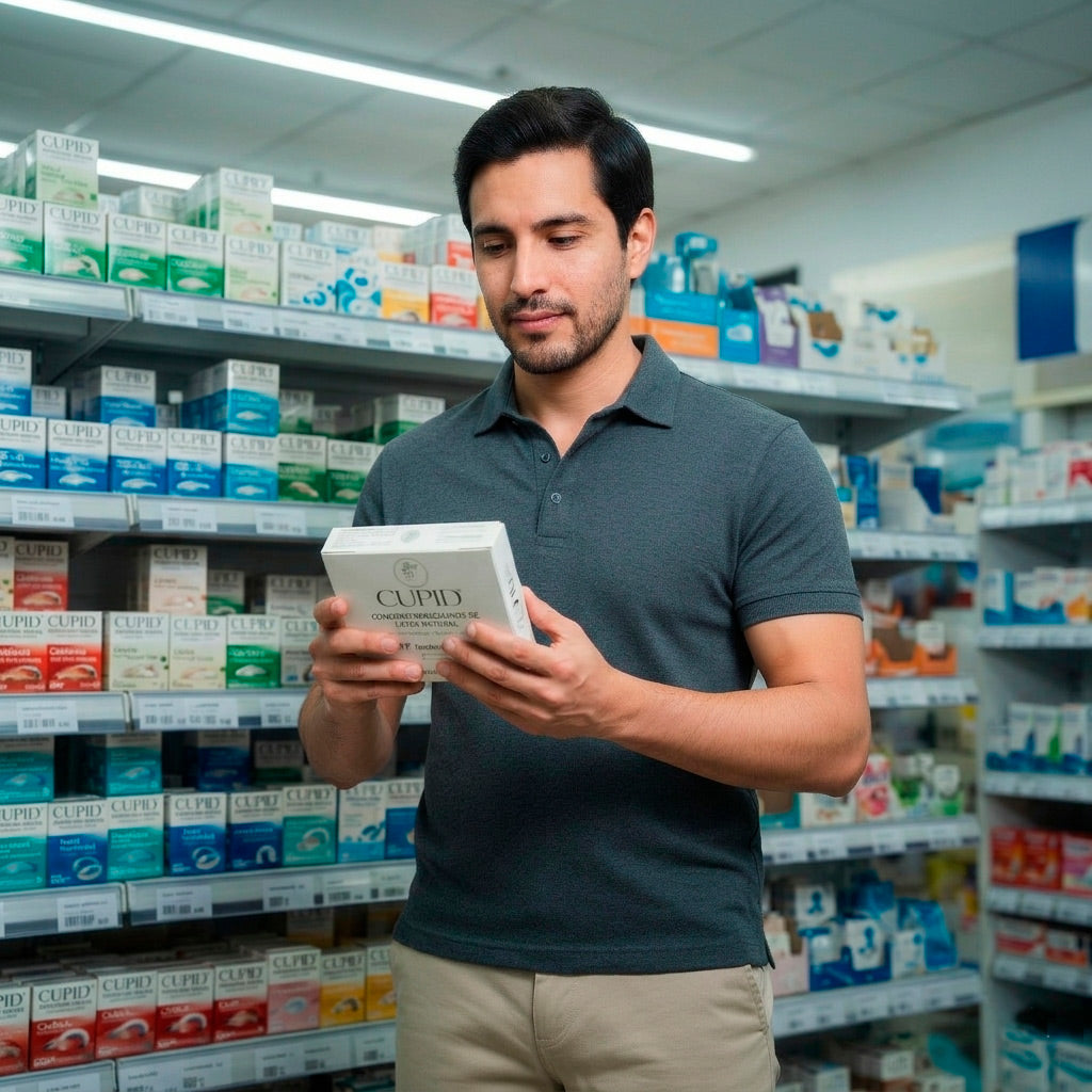 Cliente revisando Condones Cupid de látex natural en farmacia de Chile